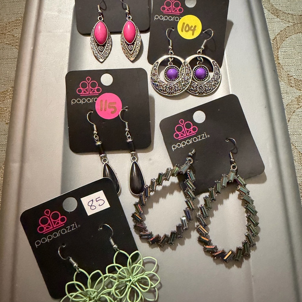 Paparazzi Earrings Set with Pink, Purple, Black, and Green Hues. 5 pair NWT